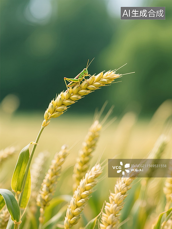 【AI数字艺术】绿色蚱蜢栖息在麦穗上的自然景象图片素材