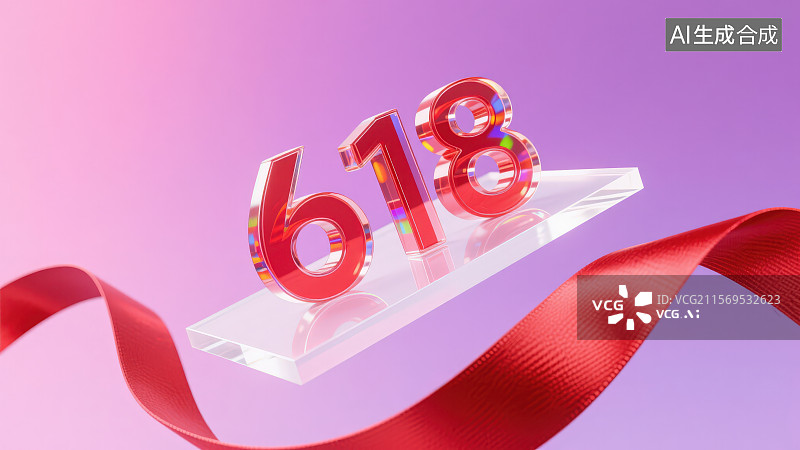 【AI数字艺术】红色玻璃材质的数字618，电商618年中促销活动海报插画背景图片素材