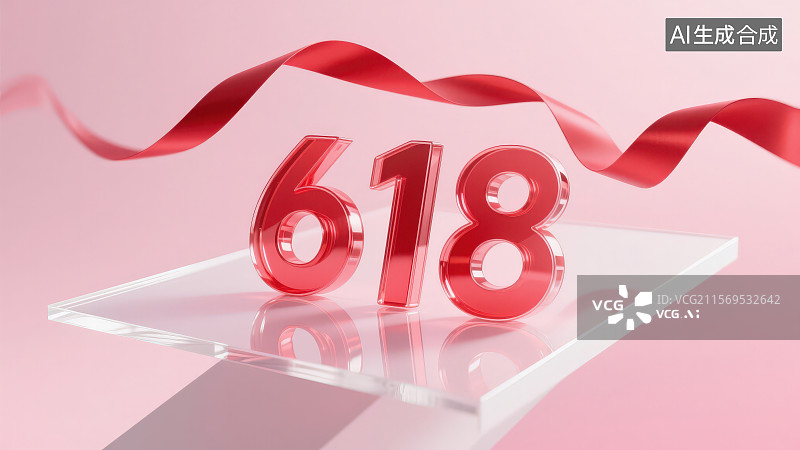 【AI数字艺术】红色玻璃材质的数字618，电商618年中促销活动海报插画背景图片素材