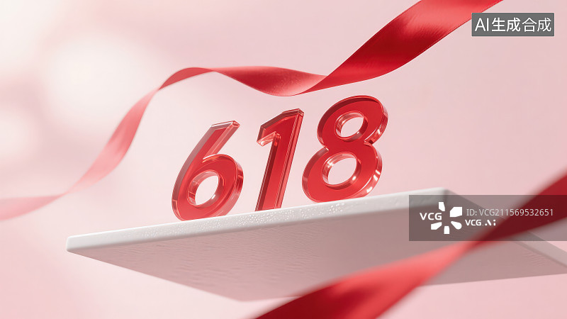 【AI数字艺术】红色玻璃材质的数字618，电商618年中促销活动海报插画背景图片素材