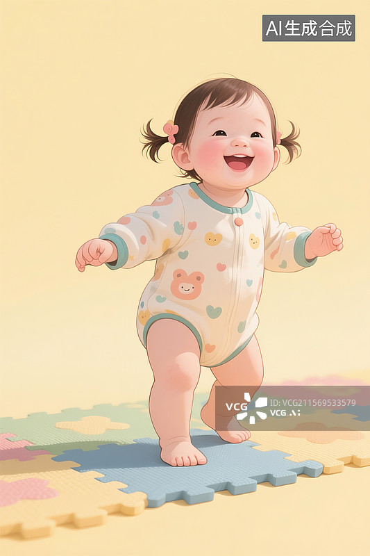 【AI数字艺术】淡黄色背景插画，爬爬垫上，一个穿着可爱连体衣的女婴在蹒跚学步，开心的笑容图片素材