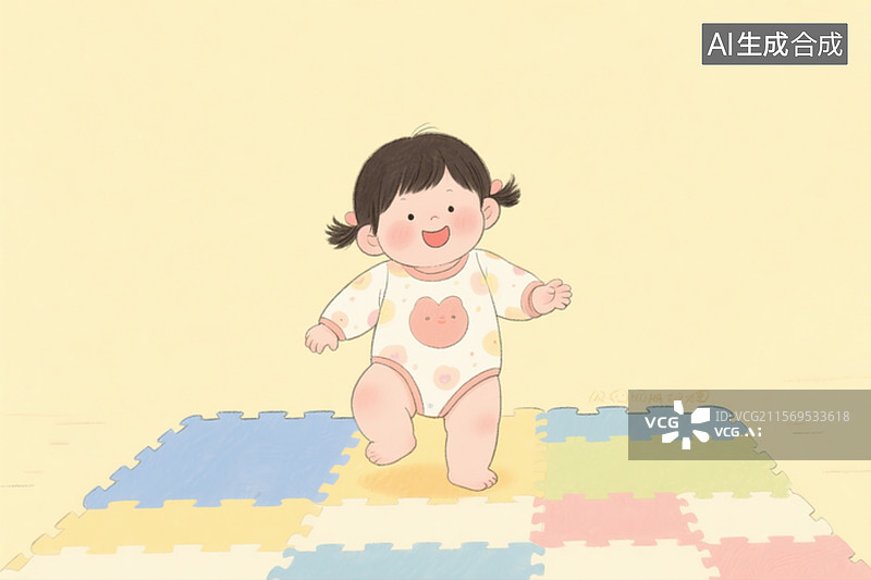 【AI数字艺术】淡黄色背景插画，爬爬垫上，一个穿着可爱连体衣的女婴在蹒跚学步，开心的笑容图片素材