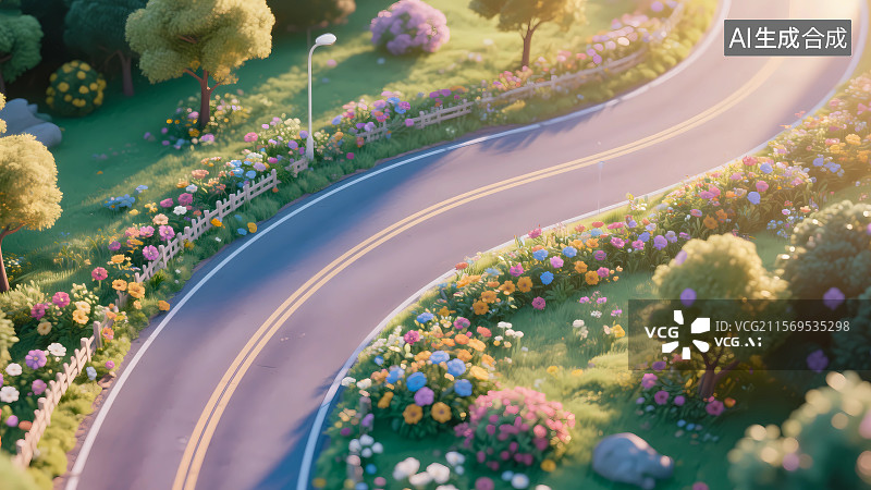 【AI数字艺术】弯曲的道路和两旁的鲜花图片素材