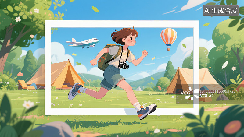 【AI数字艺术】穿着短袖短裤运动鞋背着包脖子挂着相机的短发卡通女孩从白色矩形画框中跑出，夏日出行旅游度假主题背景图片素材