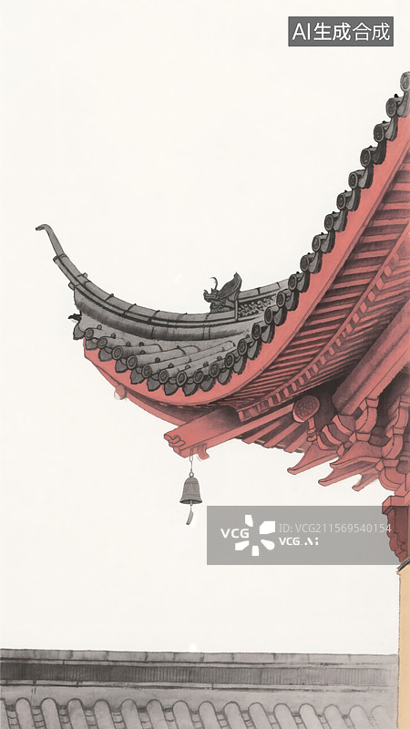 【AI数字艺术】古代建筑屋檐上的铃铛水墨画图片素材