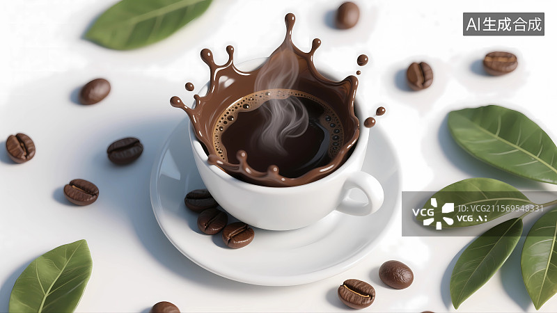 【AI数字艺术】桌上的咖啡和咖啡豆3D插画图片素材