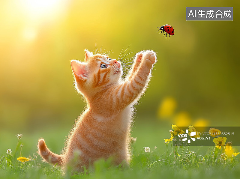 【AI数字艺术】小猫试图抓住空中的瓢虫图片素材