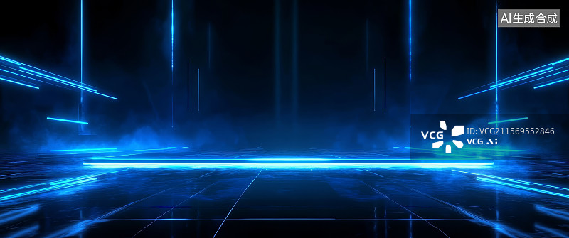 【AI数字艺术】蓝色霓虹灯效果的未来科技背景图片素材