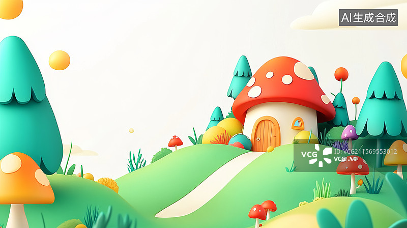 【AI数字艺术】卡通风格的蘑菇屋和森林场景图片素材
