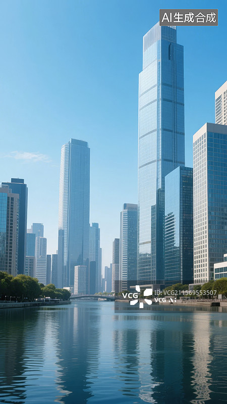 【AI数字艺术】现代城市天际线与河流图片素材