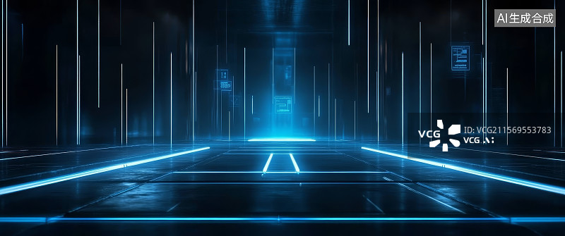 【AI数字艺术】未来科技感的蓝色光效走廊图片素材