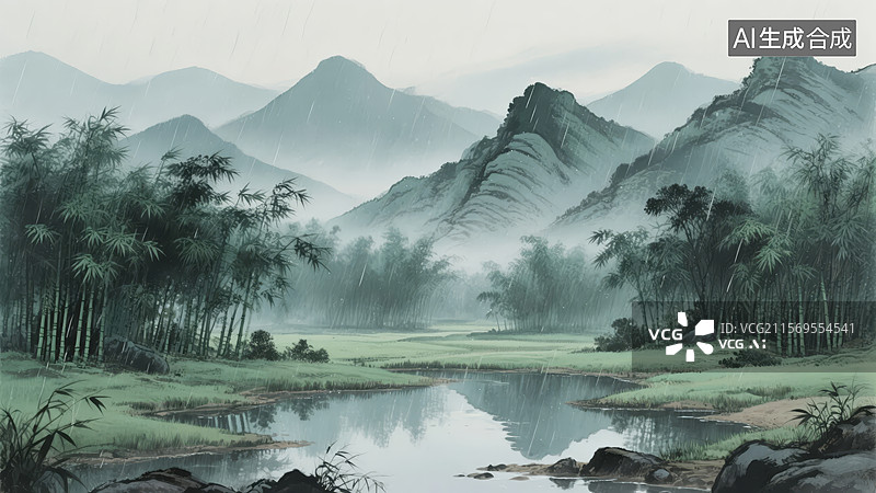 【AI数字艺术】青山绿水，竹林环绕的山水画图片素材