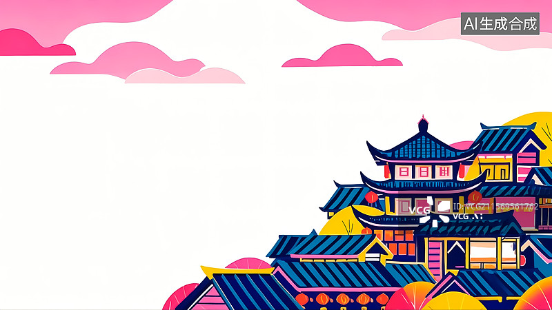 【AI数字艺术】中式山寨建筑插画图片素材