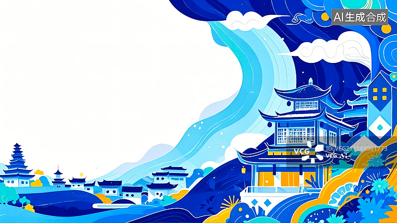 【AI数字艺术】中式山寨建筑插画图片素材