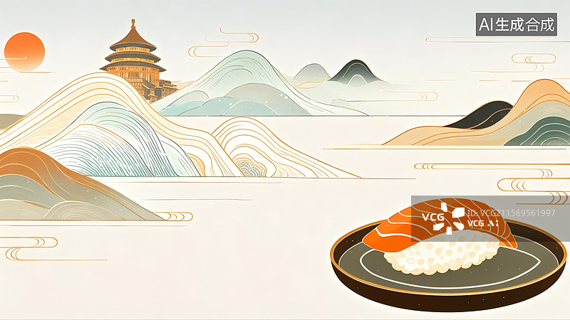 【AI数字艺术】三文鱼寿司美食插画图片素材