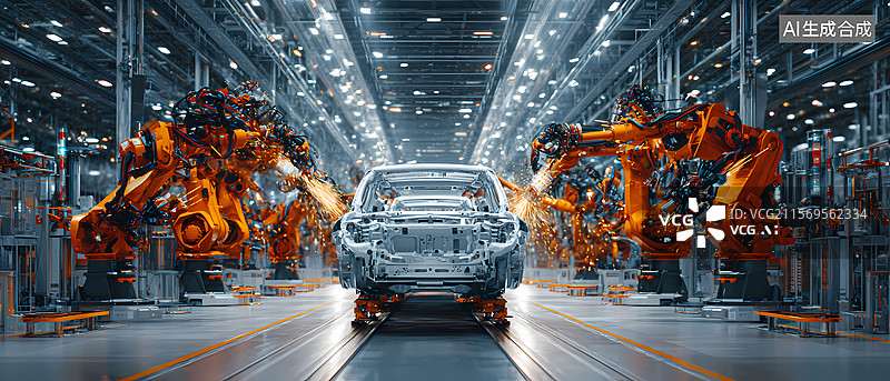 【AI数字艺术】汽车工厂机械臂作业图片素材