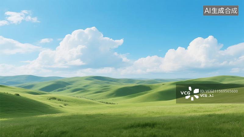 【AI数字艺术】自然草原风光绿色起伏山丘广阔蓝天蓬松白云写实风格清新自然色调开阔视野场景图片素材