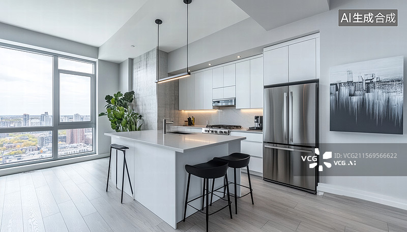 【AI数字艺术】一个现代厨房的场景，背景是大理石纹理的墙面，整体设计简洁而优雅。厨房台面上摆放着各种新鲜蔬菜和食材。图片素材
