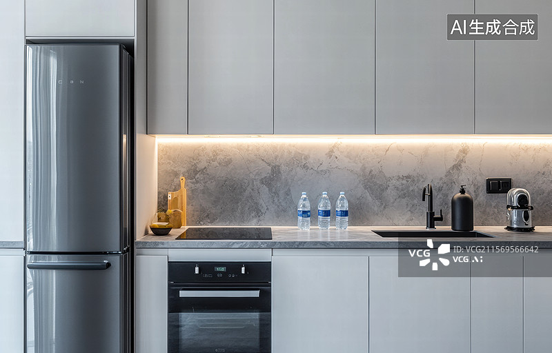 【AI数字艺术】一个现代厨房的场景，背景是大理石纹理的墙面，整体设计简洁而优雅。厨房台面上摆放着各种新鲜蔬菜和食材。图片素材