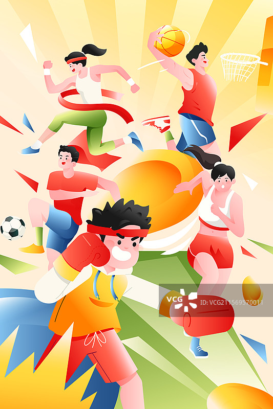 卡通运动会健身全民体育竞技项目比赛冠军奥运会健将活动精神娱乐休闲国际奥林匹克日电商消费渐变矢量插画图片素材