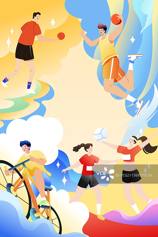卡通运动会健身全民体育竞技项目比赛冠军奥运会健将活动精神娱乐休闲国际奥林匹克日电商消费渐变矢量插画图片素材