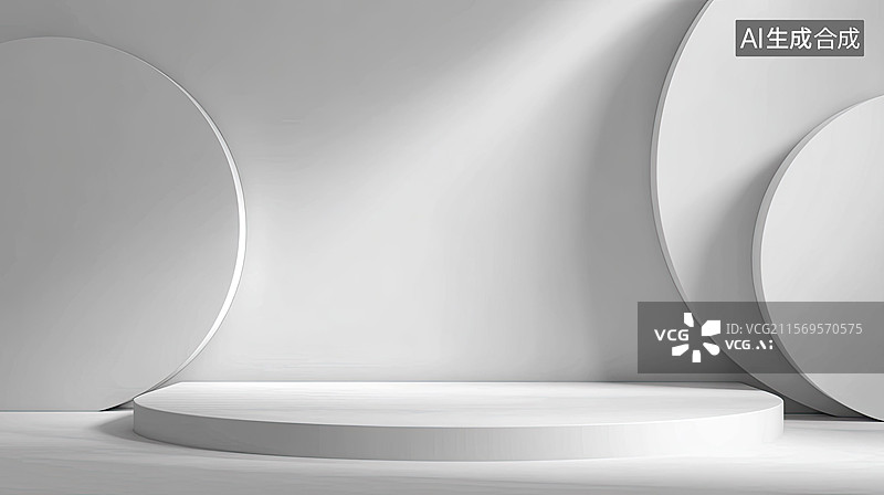 【AI数字艺术】宁静简约室内抽象白色建筑空间产品展厅展台柔和灯光与几何形状现代商业设计品牌背景618双十一购物节图片素材
