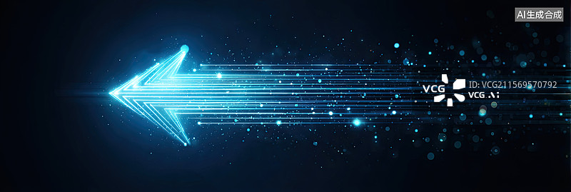 【AI数字艺术】未来派蓝色抽象背景发光箭头形光线动态6G网络概念科技经济增长金融深蓝画布上全息效果渐变紫色阴影三角形图片素材