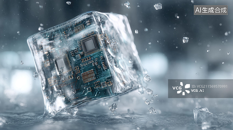 【AI数字艺术】创新6G芯片技术冻结在半透明冰块中冷凝技术中数据块的未来派3D工业商业金融互联网背景图片素材
