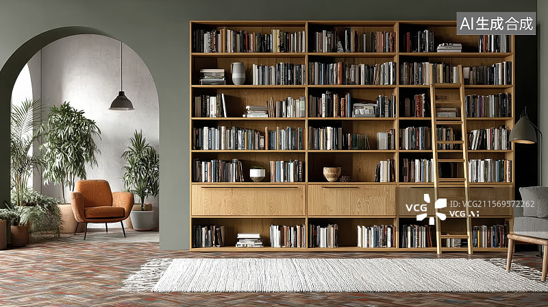 【AI数字艺术】书柜橱柜客厅陈设文雅图片素材