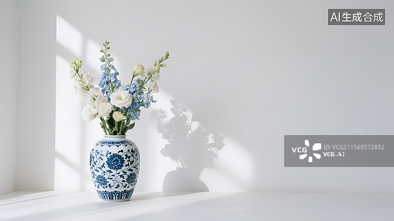 【AI数字艺术】青花瓷花瓶插花图片素材