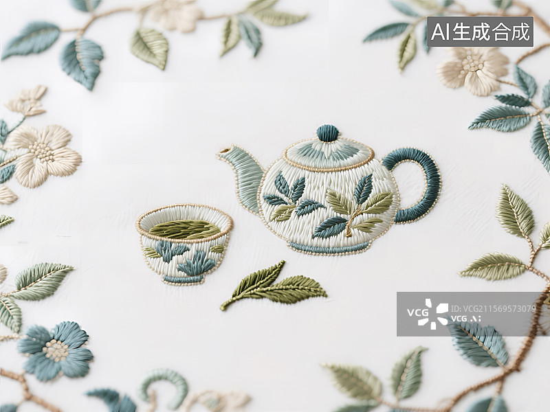 【AI数字艺术】中式刺绣风格的茶巾图案设计图片素材