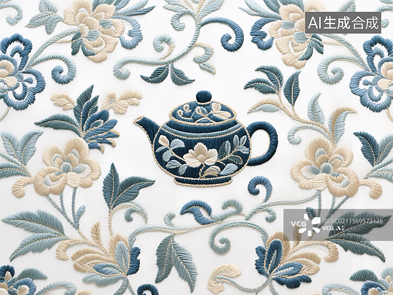 【AI数字艺术】中式刺绣风格的茶巾图案设计图片素材
