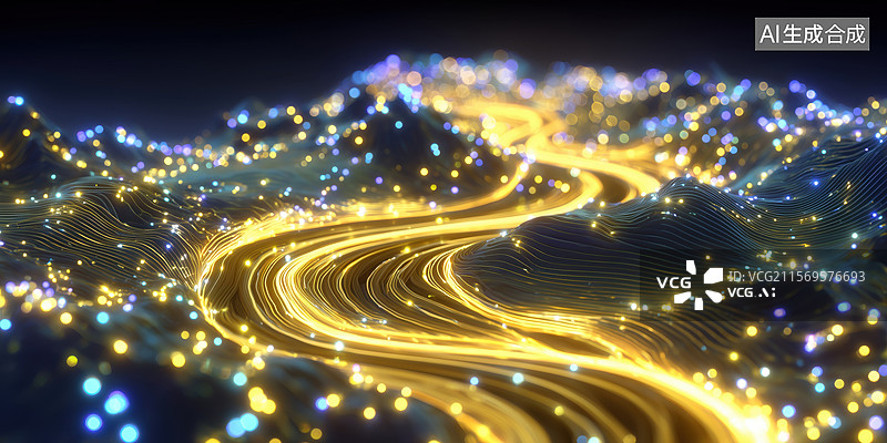 【AI数字艺术】夜晚航拍金色发光纵横交织的河流景色3D卡通立体插画图片素材