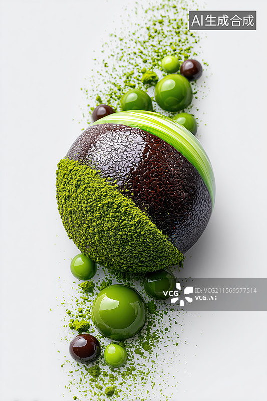 【AI数字艺术】可爱的抹茶巧克力材质的绿色宇宙行星卫星3D卡通立体插画图片素材