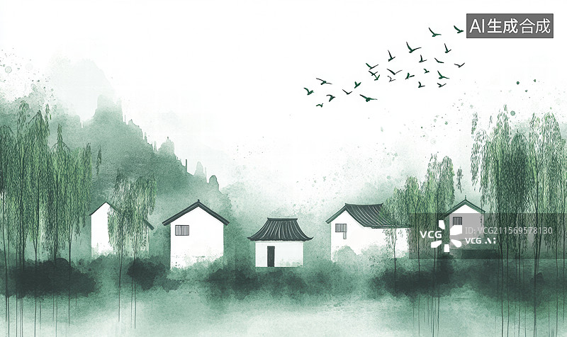 【AI数字艺术】一幅美丽的中国传统建筑插画，画面中有典型的白墙绿瓦建筑，周围是盛开的粉色樱花树。图片素材