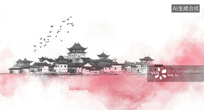 【AI数字艺术】一幅美丽的中国传统建筑插画，画面中有典型的白墙绿瓦建筑，周围是盛开的粉色樱花树。图片素材