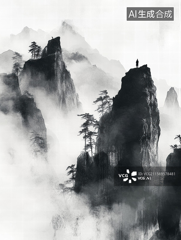 【AI数字艺术】一幅水墨画风格的山水画。画面中有一条蜿蜒的小路，沿着陡峭的山崖延伸，远处是高耸入云的山峰和瀑布图片素材