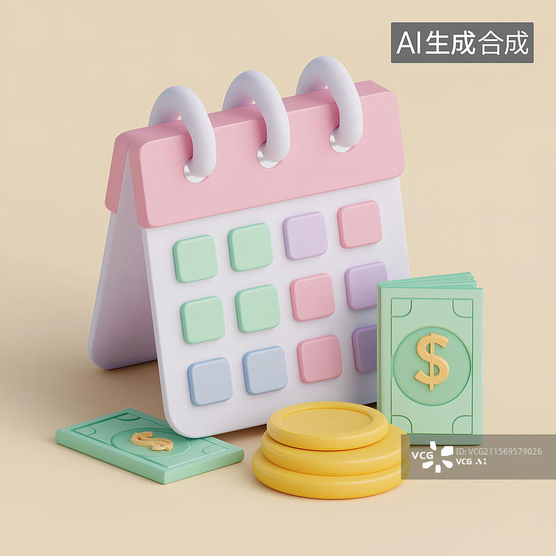 【AI数字艺术】卡通风格的日程和金钱图片素材