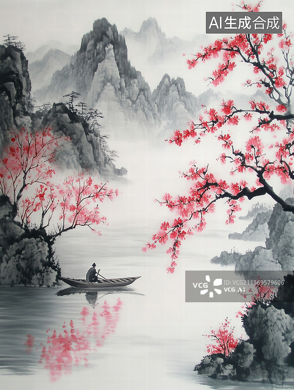 【AI数字艺术】一幅美丽的自然景观，画面中有一个瀑布从高耸的山崖上倾泻而下，周围是茂密的绿色植物和盛开的粉色花朵。图片素材