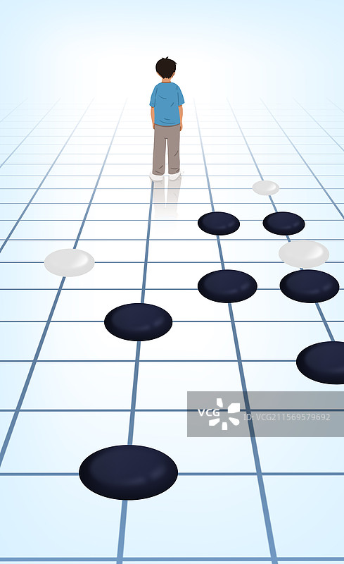 围棋少年下棋博弈情绪学习进步对弈紧张氛围家庭压力期盼孩子努力仿徨惆怅背影插画图片素材