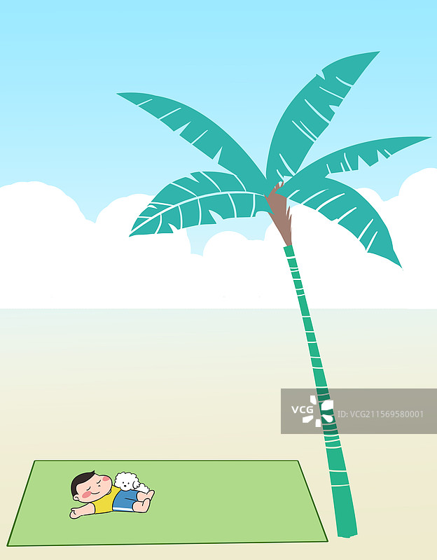 棕榈树卡通小孩子夏天夏季户外大自然大海边沙滩上睡觉温馨可爱插画图片素材