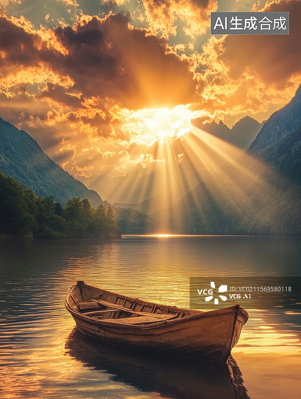 【AI数字艺术】一幅美丽的自然风光。夕阳西下，阳光穿透云层洒在湖面上，形成一道道金色的光芒。一艘小船静静地停泊在湖边图片素材