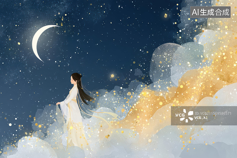 【AI数字艺术】古风仙女漫步璀璨星月云端图片素材