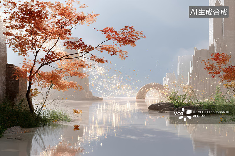 【AI数字艺术】红叶古桥与中式楼阁秋韵画卷图片素材