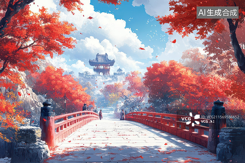 【AI数字艺术】红叶古桥与中式楼阁秋韵画卷图片素材