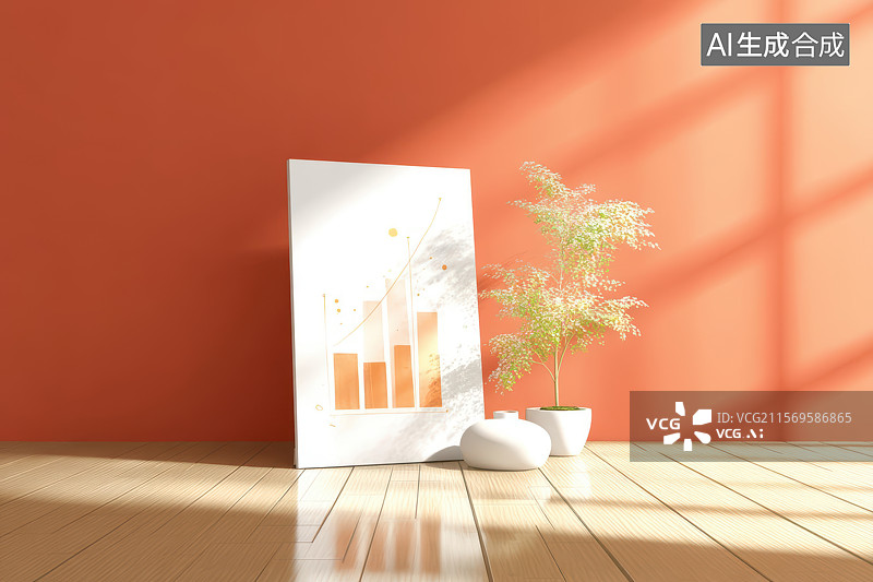 【AI数字艺术】现代室内绿植与数据图表的和谐装饰图片素材