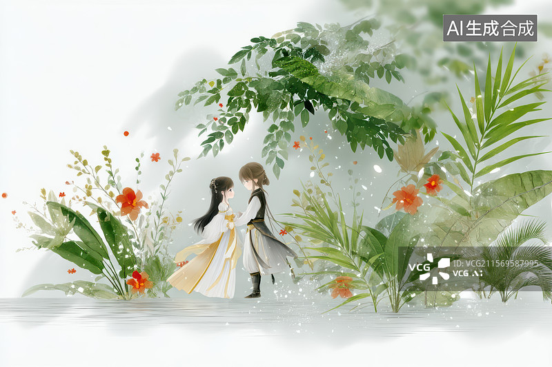 【AI数字艺术】古风佳人漫步繁花绿野水墨画图片素材