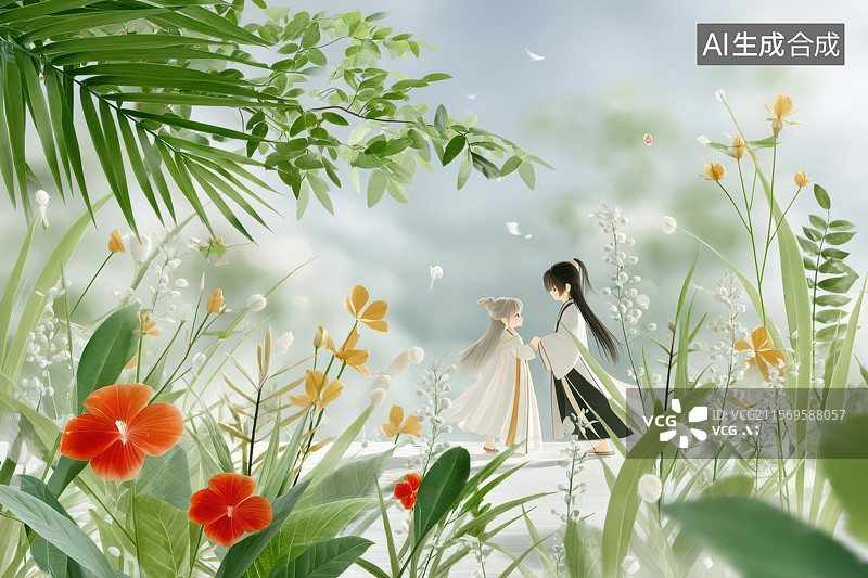 【AI数字艺术】古风佳人漫步繁花绿野水墨画图片素材