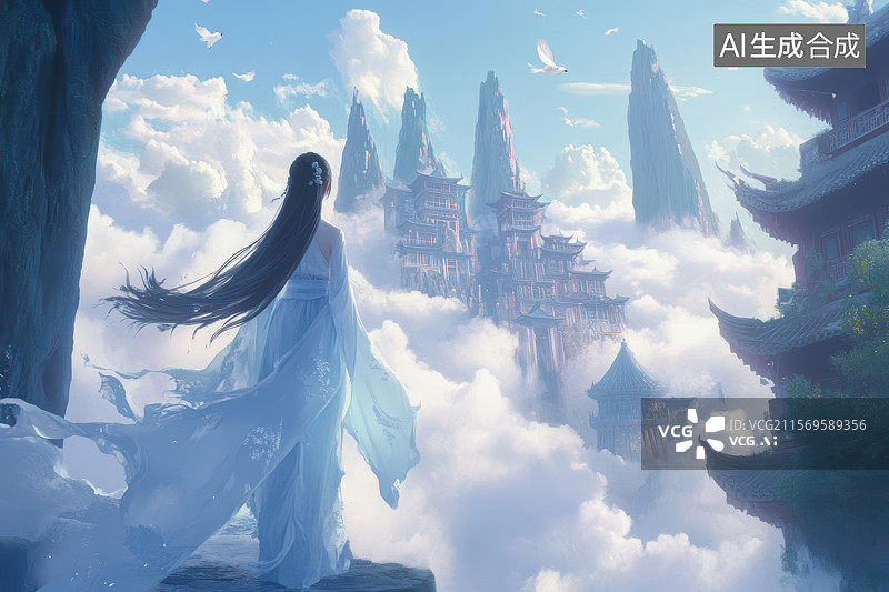 【AI数字艺术】仙子凝望云端古建仙境画卷图片素材