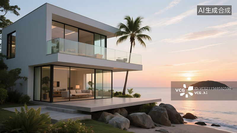 【AI数字艺术】海岸别墅日落风光图片素材